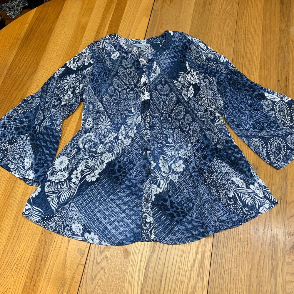 Floral & Ivy Blue Paisley Patchwork Bell‎ Sleeve Blouse Womens Medium Pleated